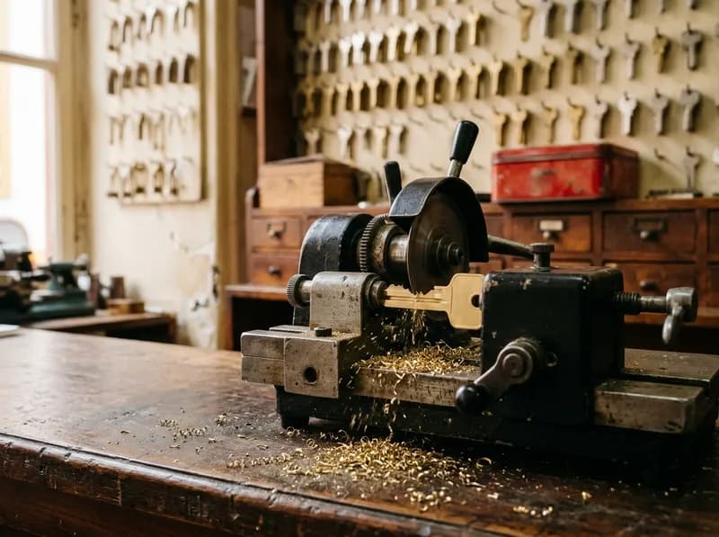 Grande plano de uma chave a ser cortada, com aparas de latão na máquina