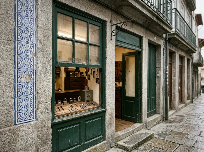 Montra antiga numa rua de granito da Baixa do Porto